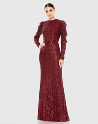 Sequined High Neck Puff Long Sleeve Column Gown - Wine