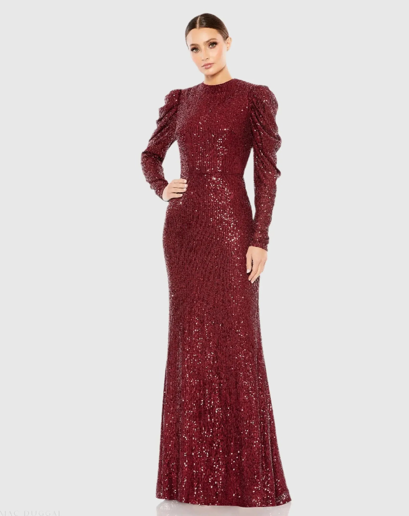 Sequined High Neck Puff Long Sleeve Column Gown - Wine
