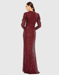 Sequined High Neck Puff Long Sleeve Column Gown - Wine