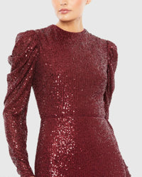 Sequined High Neck Puff Long Sleeve Column Gown - Wine