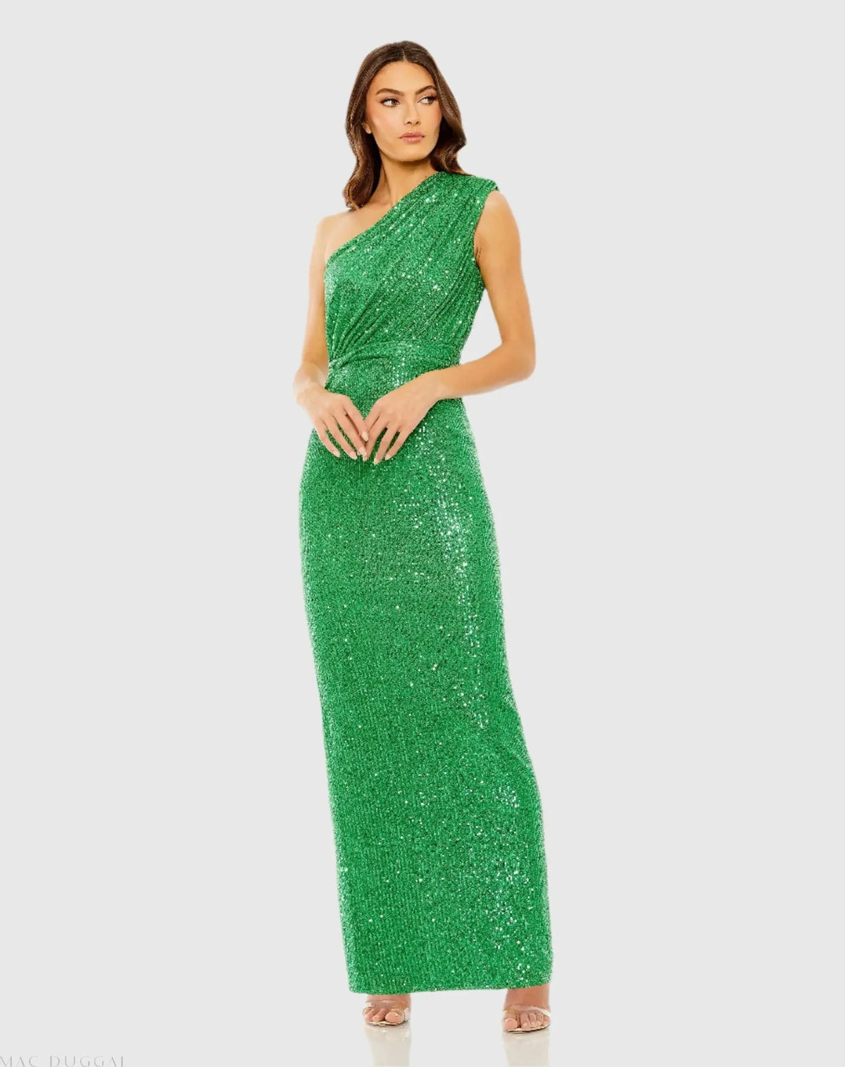 Mac Duggal 26694 Green sequined ruched one shoulder gown - front