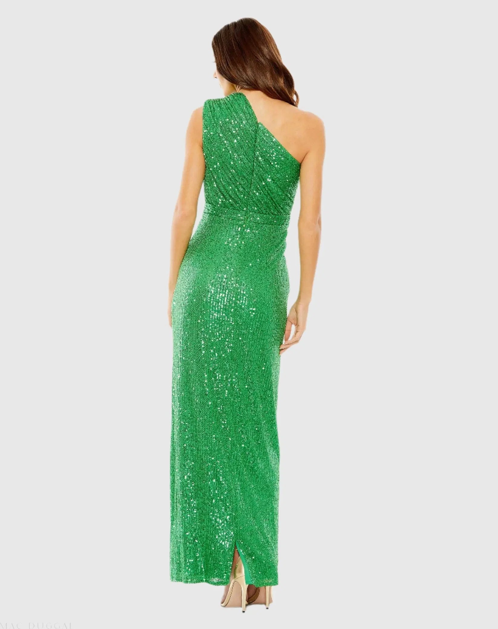 Mac Duggal 26694 Green sequined ruched one shoulder gown - back