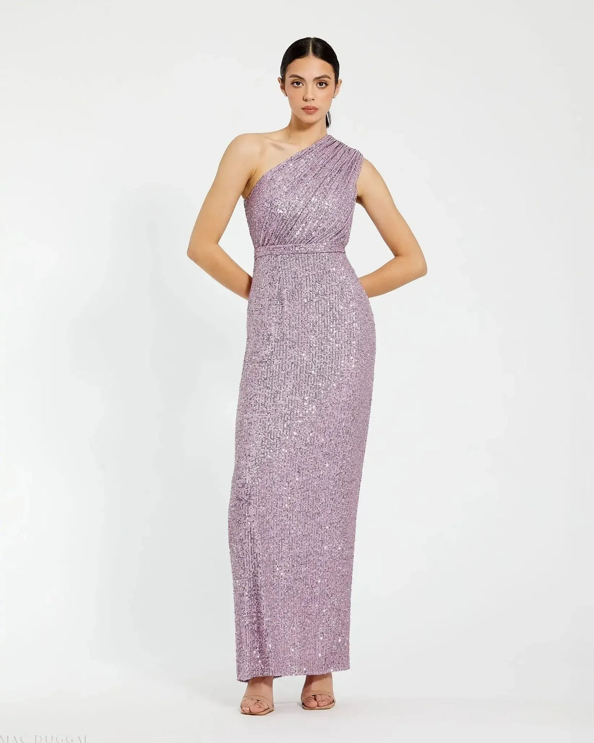 Mac Duggal 26694 Lilac sequined ruched one shoulder gown - front