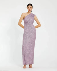 Mac Duggal 26694 Lilac sequined ruched one shoulder gown - front