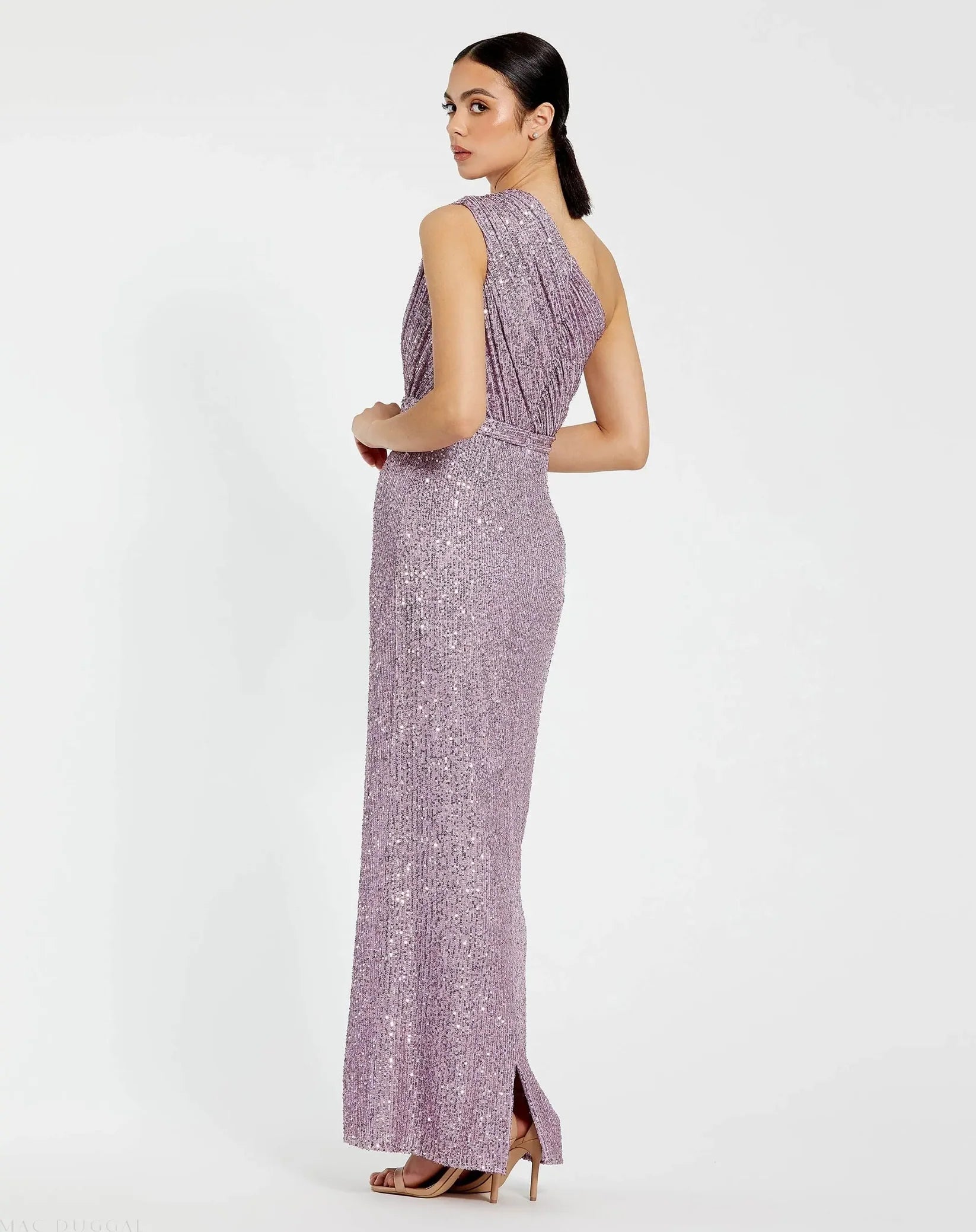 Mac Duggal 26694 Lilac sequined ruched one shoulder gown - back
