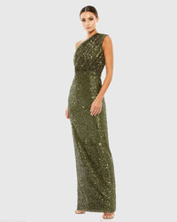 Mac Duggal 26694 Olive sequined ruched one shoulder gown - front