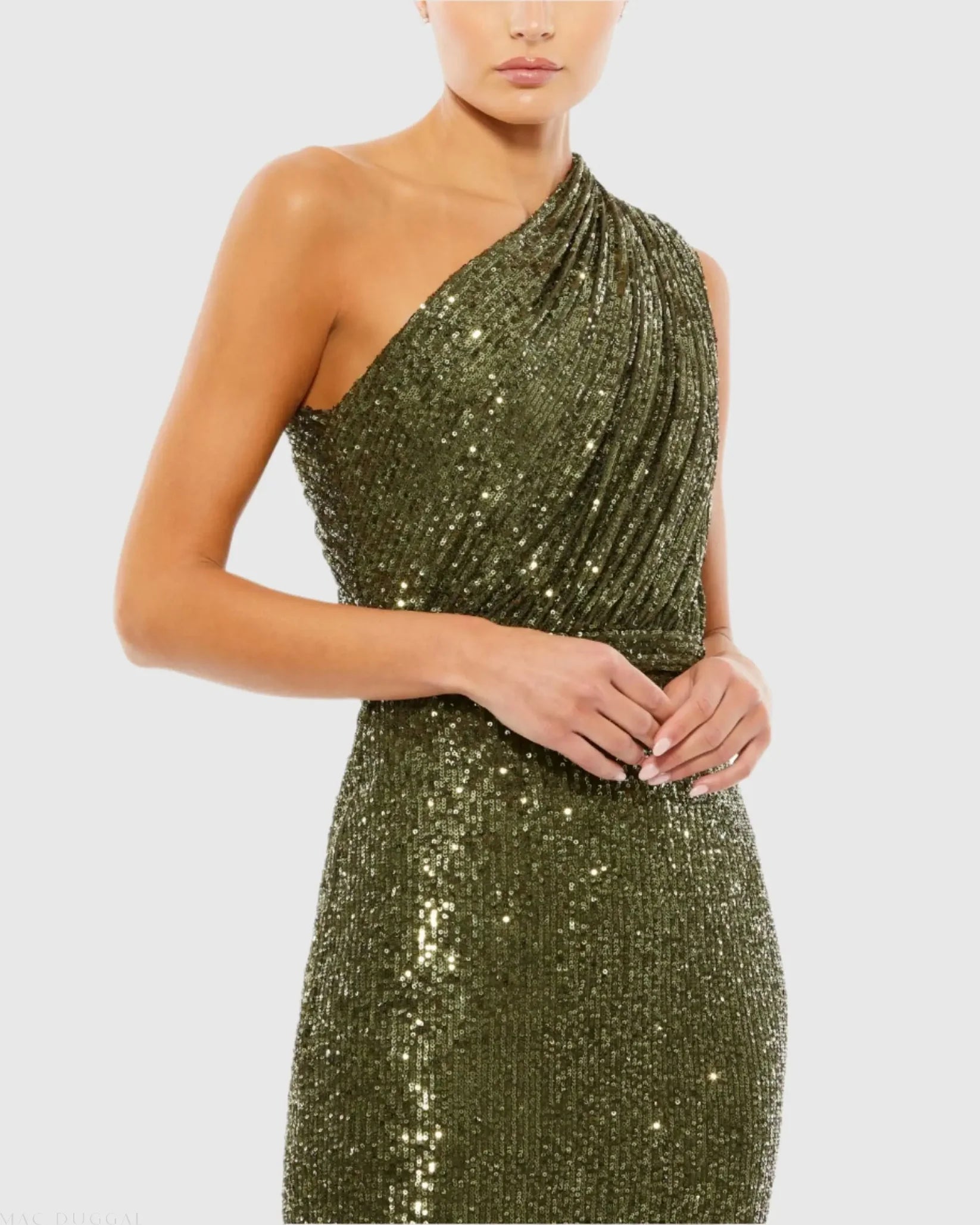 Mac Duggal 26694 Olive sequined ruched one shoulder gown - detail
