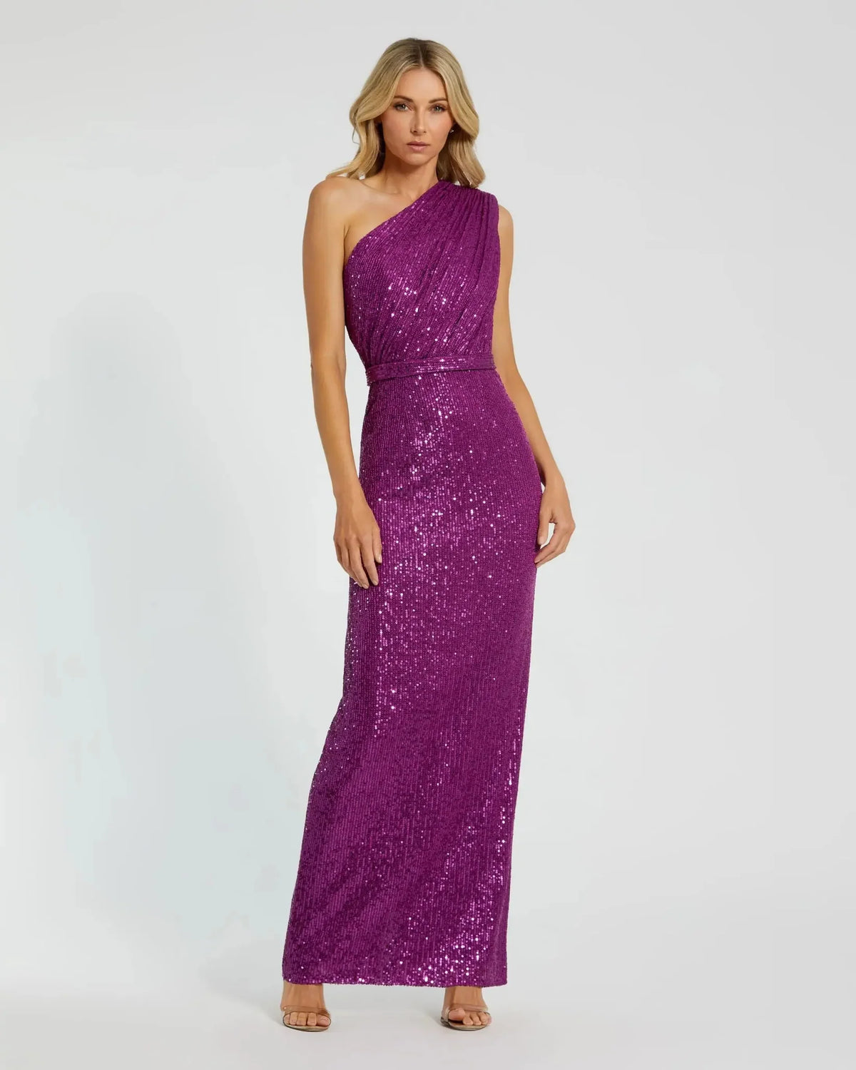 Mac Duggal 26694 Purple sequined ruched one shoulder gown - front