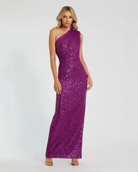 Mac Duggal 26694 Purple sequined ruched one shoulder gown - front