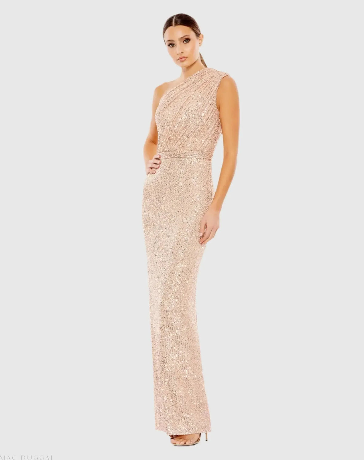 Mac Duggal 26694 Rose Pink sequined ruched one shoulder gown - front