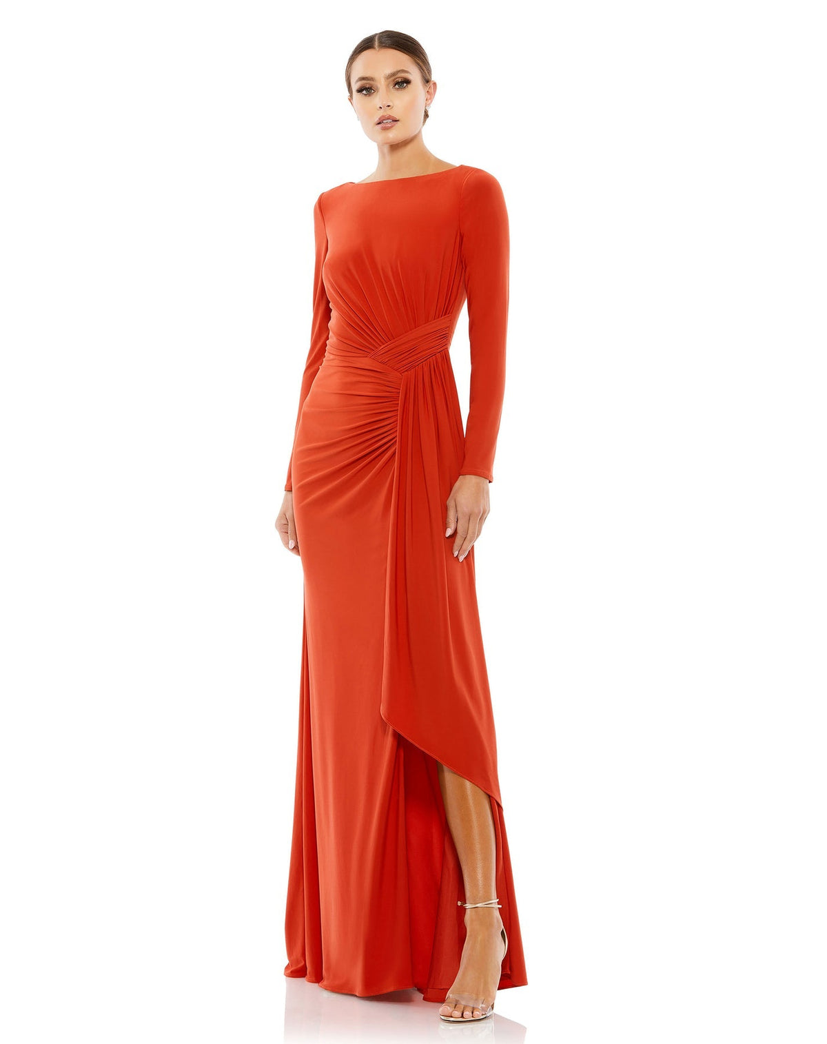 Ruched long sleeve boat neck gown - Berry
