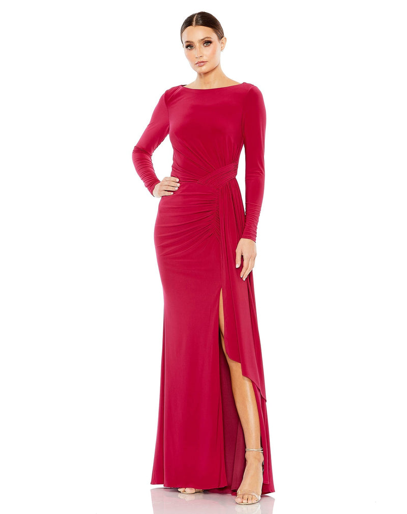 Ruched long sleeve boat neck gown - Brick