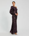 Sequined One Shoulder Bishop Sleeve Trumpet Gown - Rose Pink