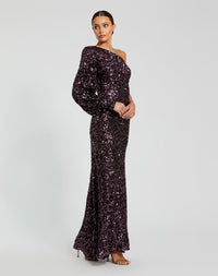 Sequined One Shoulder Bishop Sleeve Trumpet Gown - Rose Pink