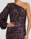 Sequined One Shoulder Bishop Sleeve Trumpet Gown - Rose Pink