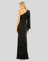 Sequined One Shoulder Bishop Sleeve Trumpet Gown - Rose Pink