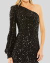 Sequined One Shoulder Bishop Sleeve Trumpet Gown - Rose Pink