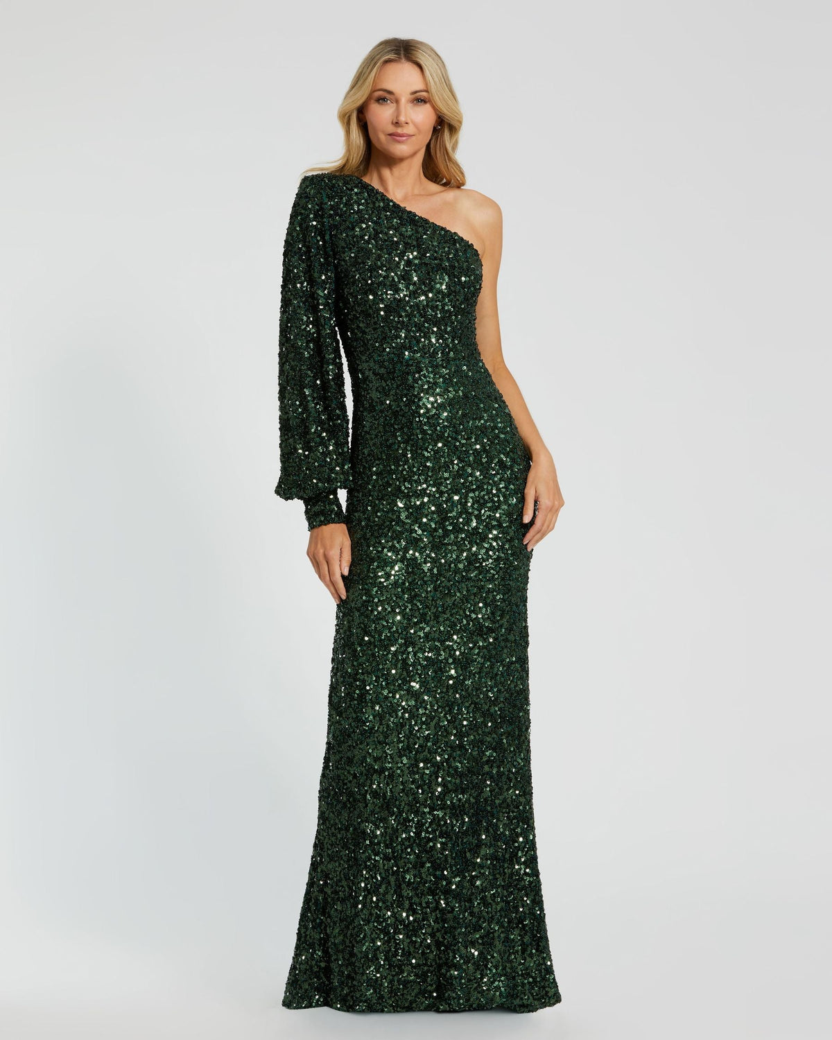Mac Duggal #26717 emerald sequined one shoulder bishop sleeve trumpet gown