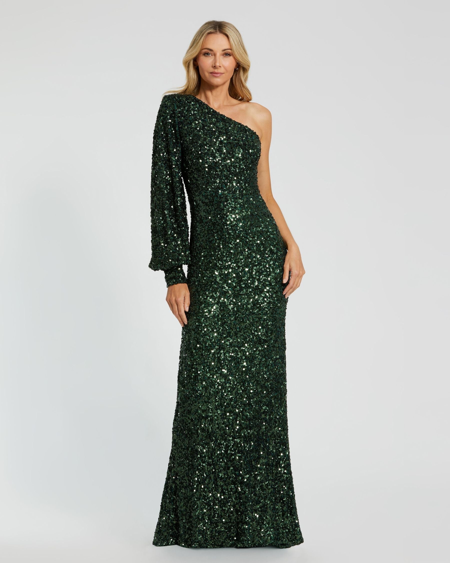 Mac Duggal #26717 emerald sequined one shoulder bishop sleeve trumpet gown