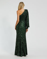 Mac Duggal #26717 emerald sequined one shoulder bishop sleeve trumpet gown