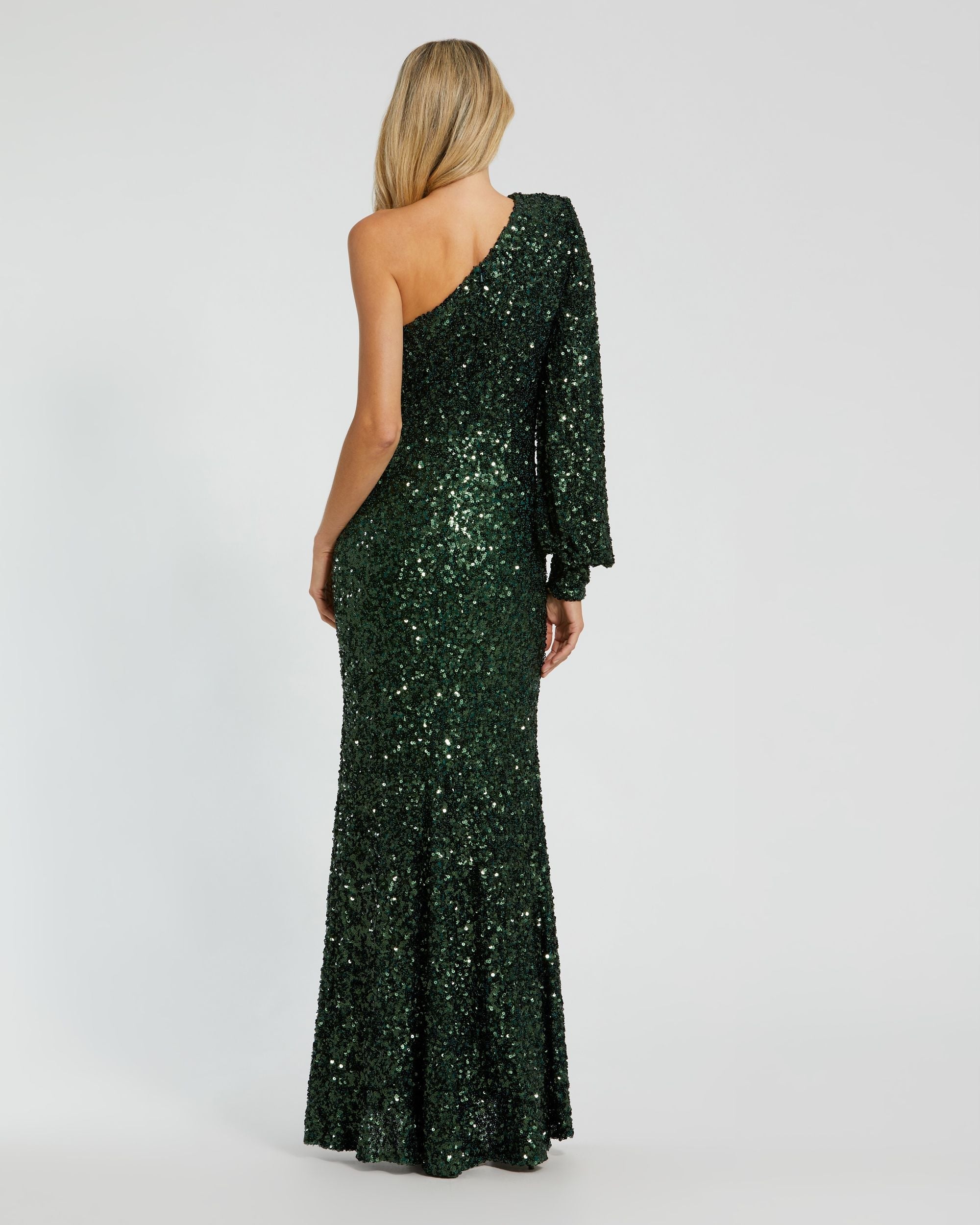 Mac Duggal #26717 emerald sequined one shoulder bishop sleeve trumpet gown