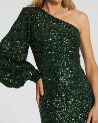 Mac Duggal #26717 emerald sequined one shoulder bishop sleeve trumpet gown