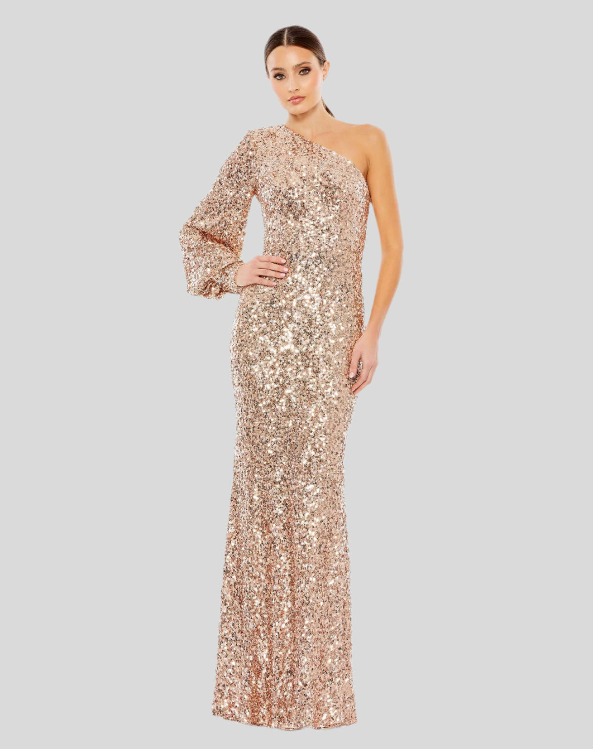 Mac Duggal #26717 Sequined One Shoulder Bishop Sleeve Trumpet Gown - Rose Pink