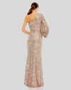 Sequined One Shoulder Bishop Sleeve Trumpet Gown - Rose Pink
