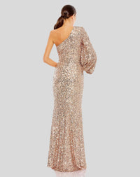 Sequined One Shoulder Bishop Sleeve Trumpet Gown - Rose Pink