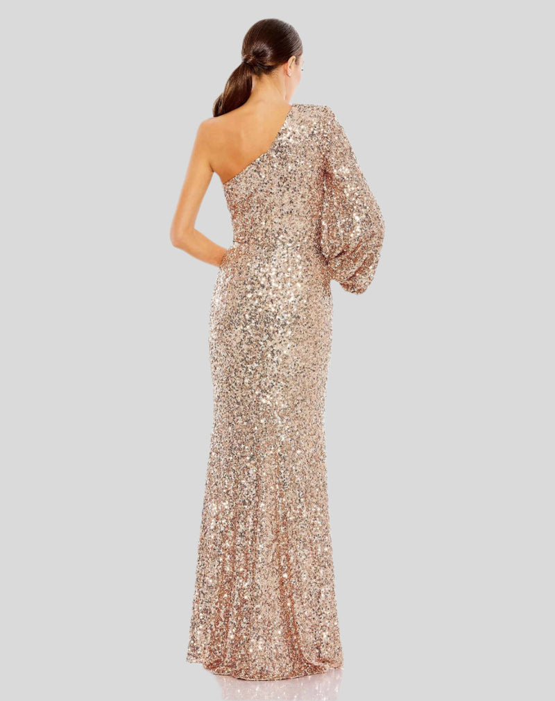 Sequined One Shoulder Bishop Sleeve Trumpet Gown - Rose Pink
