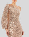 Sequined One Shoulder Bishop Sleeve Trumpet Gown - Rose Pink