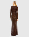 Sequined Long Sleeve Faux Wrap Ruched Gown - Nude