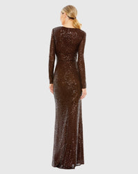Sequined Long Sleeve Faux Wrap Ruched Gown - Nude