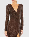 Sequined Long Sleeve Faux Wrap Ruched Gown - Nude