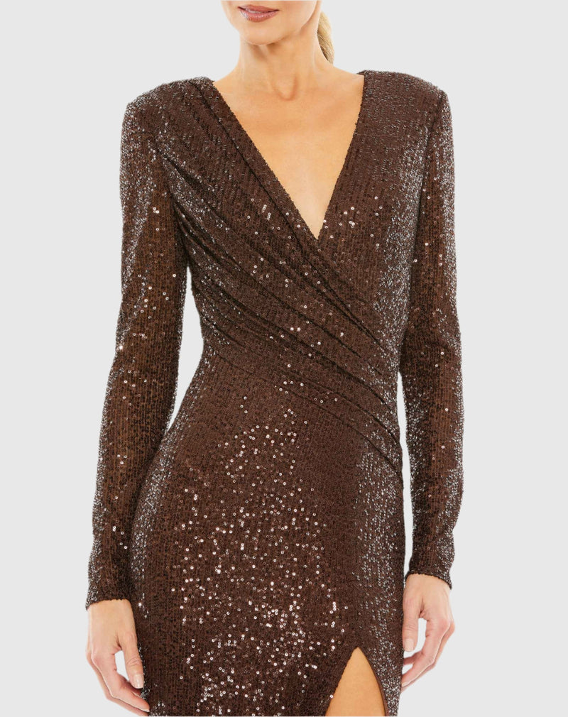 Sequined Long Sleeve Faux Wrap Ruched Gown - Nude