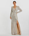 Sequined Long Sleeve Faux Wrap Ruched Gown - Nude