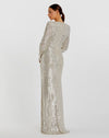 Sequined Long Sleeve Faux Wrap Ruched Gown - Nude