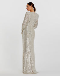 Sequined Long Sleeve Faux Wrap Ruched Gown - Nude