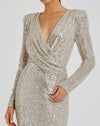 Sequined Long Sleeve Faux Wrap Ruched Gown - Nude
