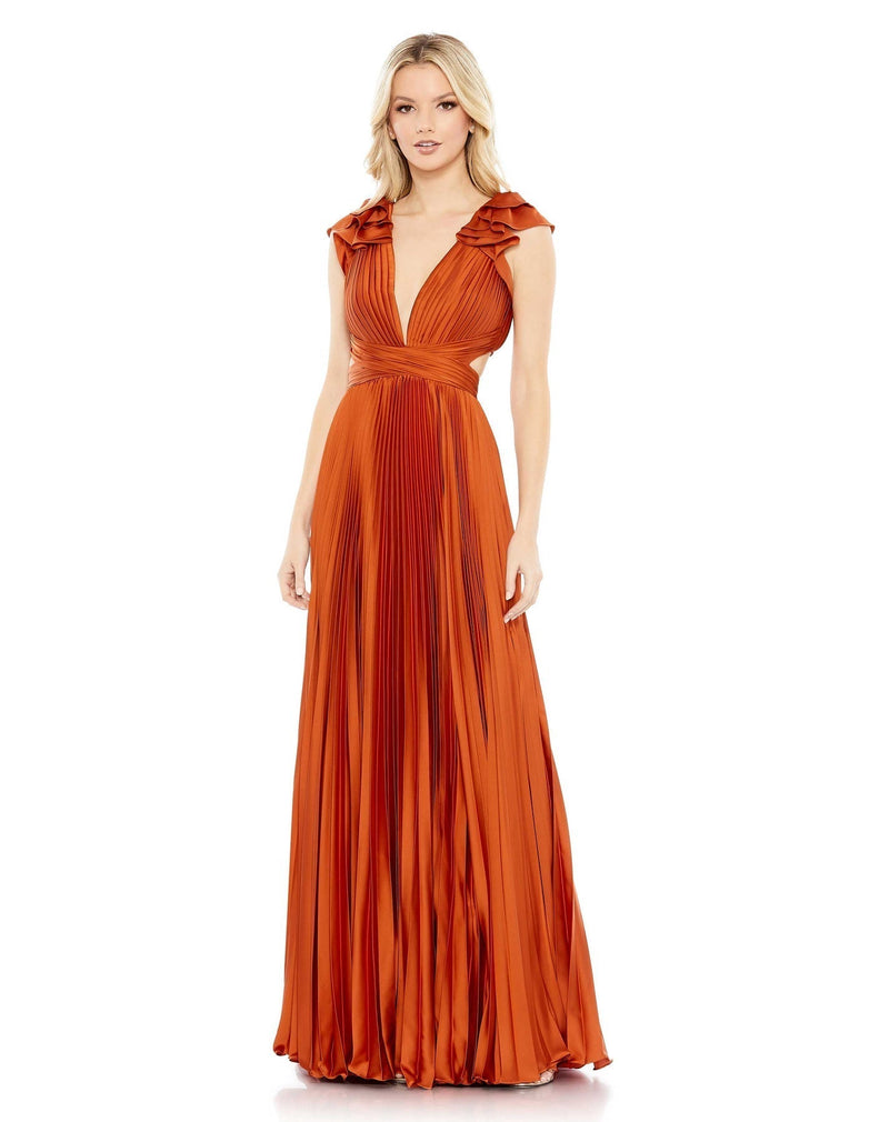 Pleated Ruffled Cut Out Gown - Burnt Orange