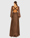 Long Sleeve Pleated Charmeuse Cut Out Gown - Wine