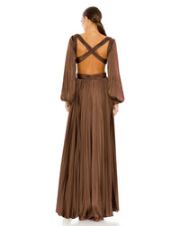 Long Sleeve Pleated Charmeuse Cut Out Gown - Espresso