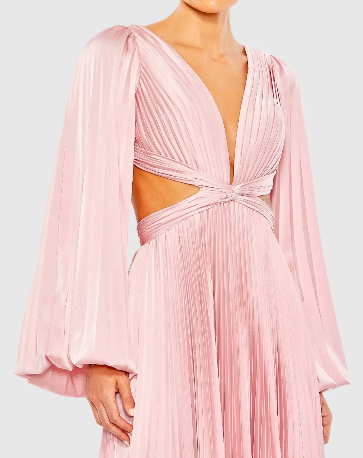 Long Sleeve Pleated Charmeuse Cut Out Gown - Pink