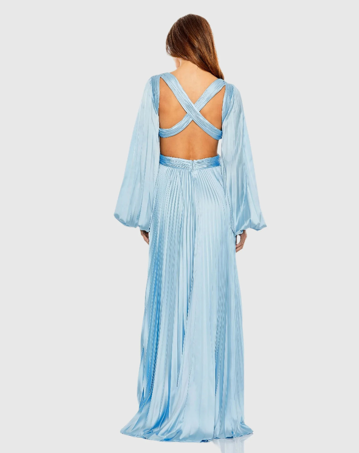 Long Sleeve Pleated Charmeuse Cut Out Gown - Powder Blue