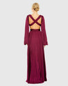 Long Sleeve Pleated Charmeuse Cut Out Gown - Wine