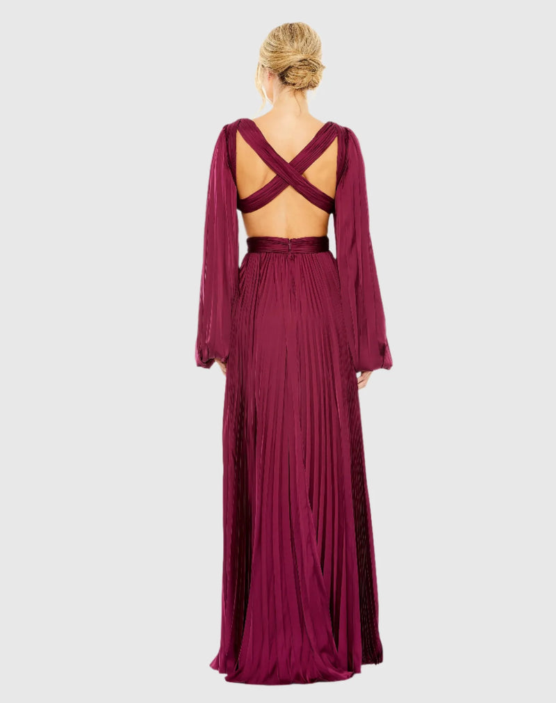 Long Sleeve Pleated Charmeuse Cut Out Gown - Wine