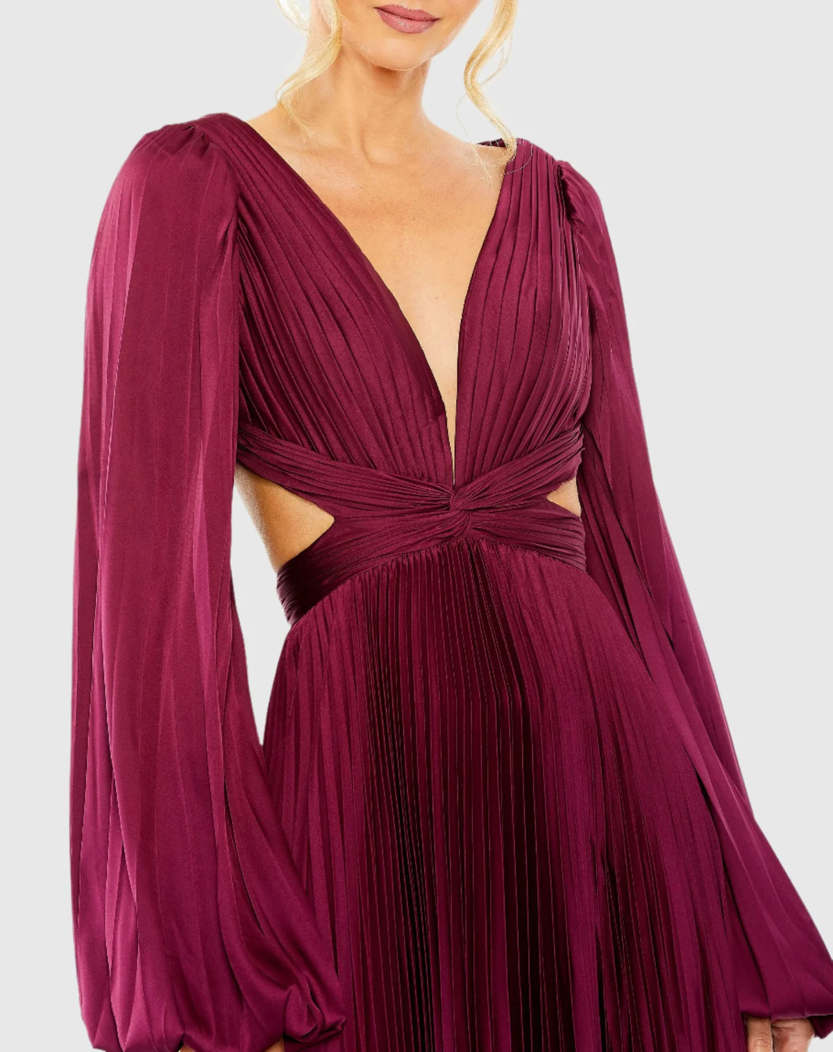 Long Sleeve Pleated Charmeuse Cut Out Gown - Wine