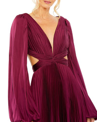Long Sleeve Pleated Charmeuse Cut Out Gown - Pink