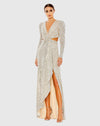 Sequined Criss Cross Long Sleeve Gown - Wine