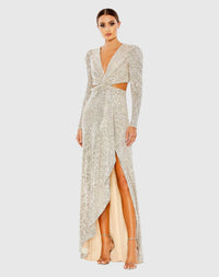 Sequined Criss Cross Long Sleeve Gown - Wine